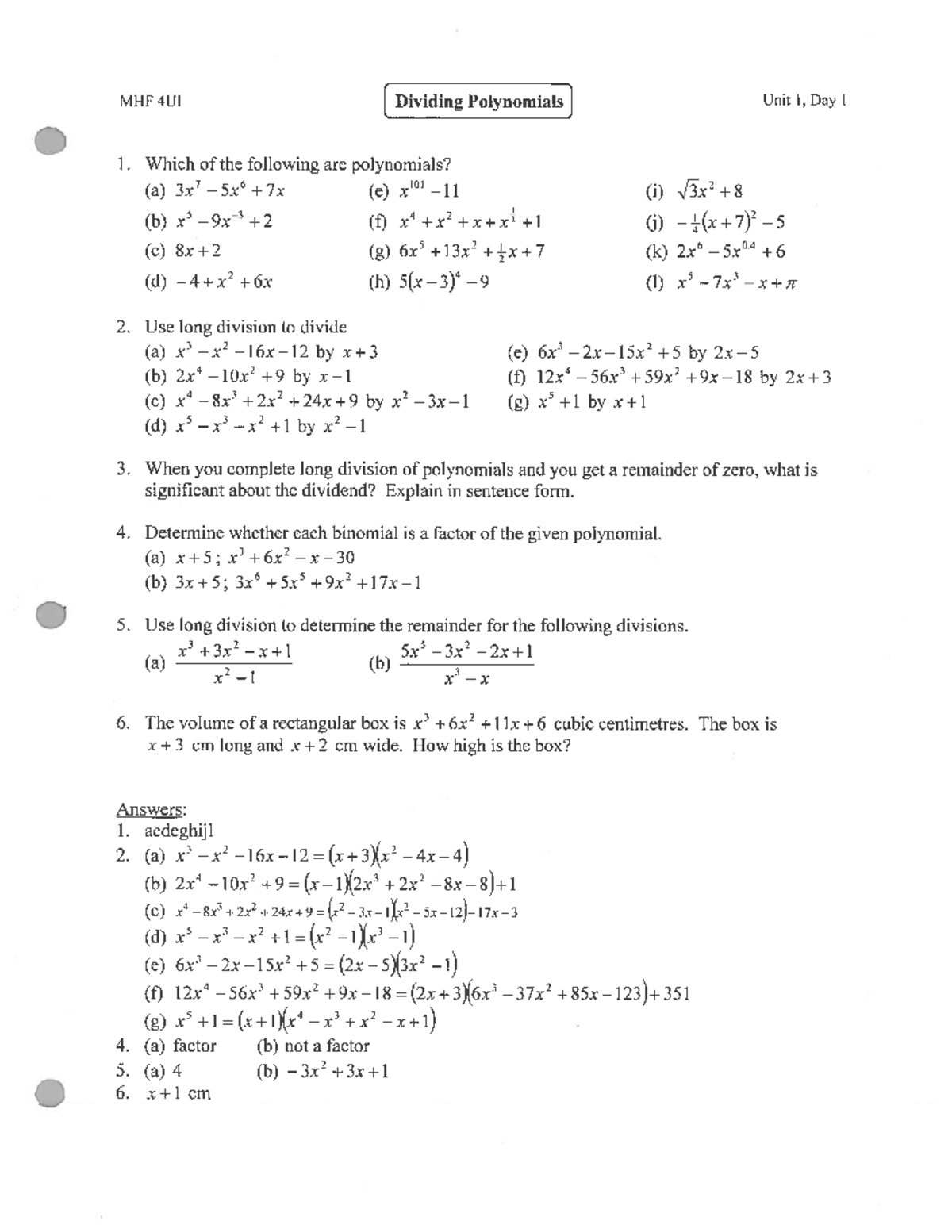 Unit 1 - Polynomials - [DividingPolynomials] UnitI,DayI L ...