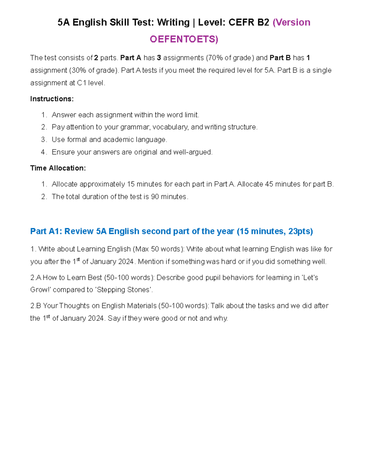 5A Writing Test version Oefentoets 20232024 - 5A English Skill Test ...