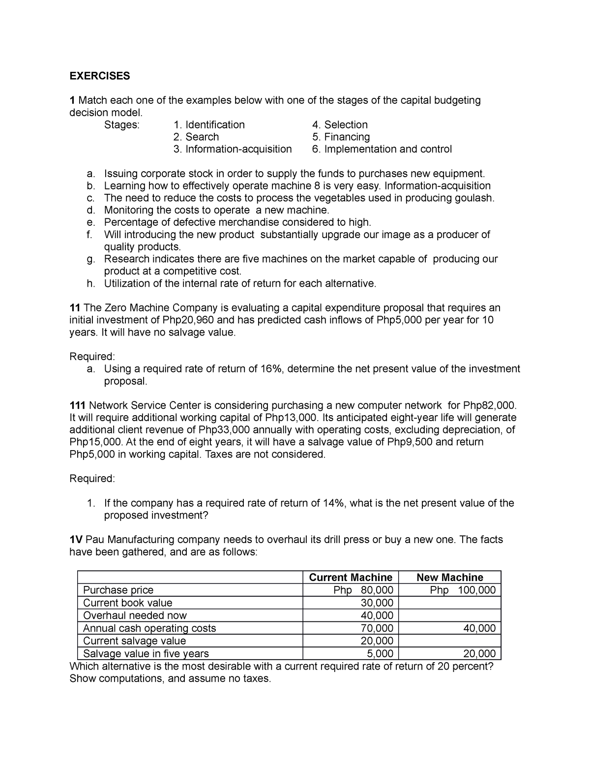 Capital Budgeting Exercises - EXERCISES 1 Match Each One Of The ...
