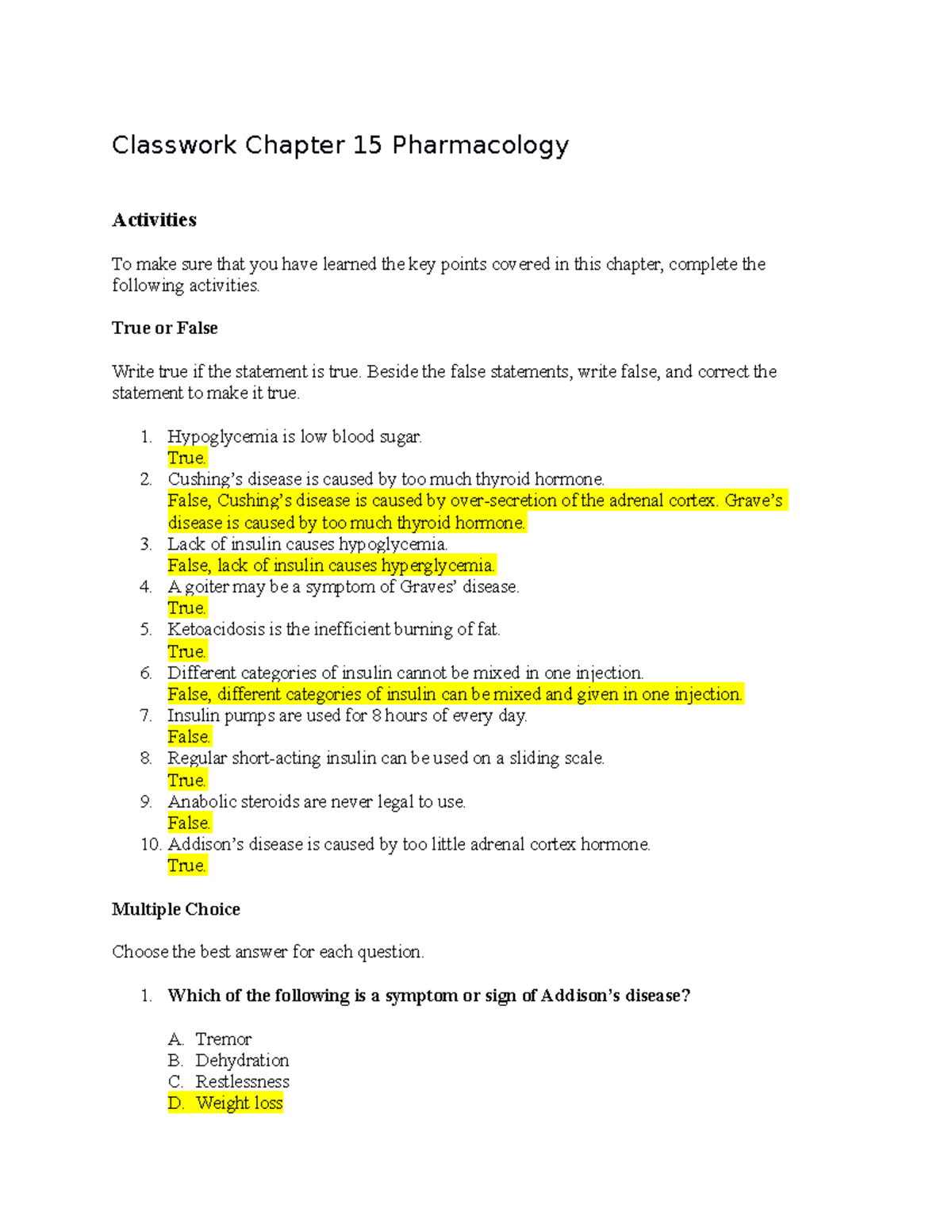 Ch 15 Pharmacology Study Guide Workbook - Classwork Chapter 15 ...