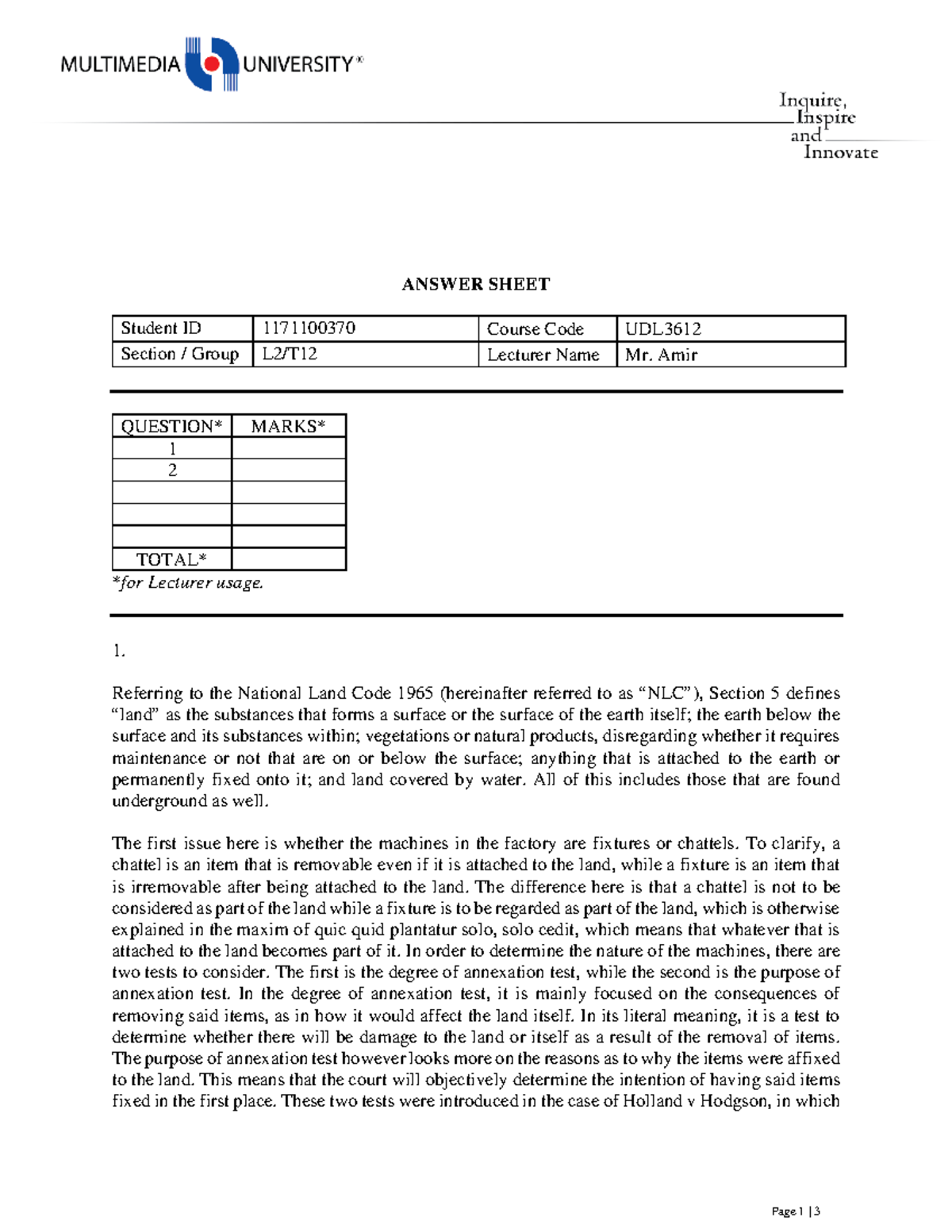 Exam 2020, answers - ANSWER SHEET Student ID 1171100370 Course Code UDL ...