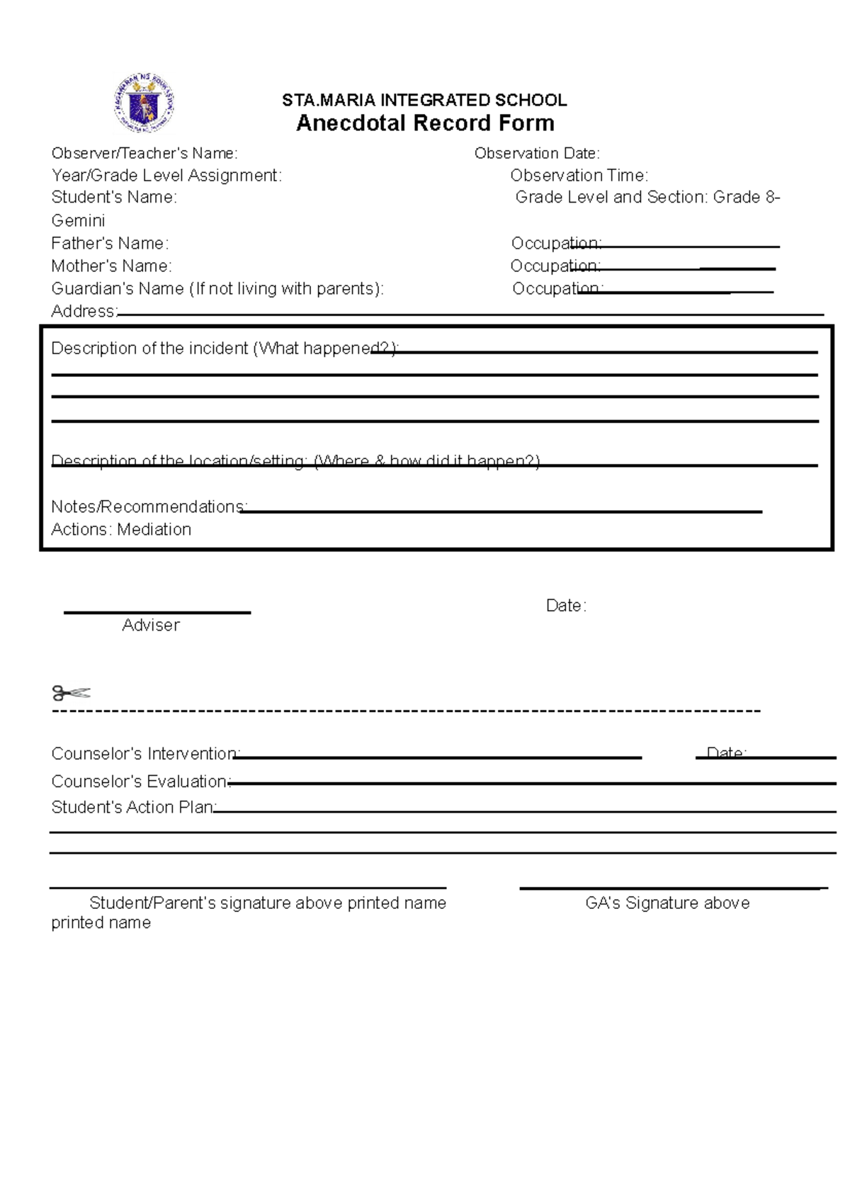 Anecdotal records - STA INTEGRATED SCHOOL Anecdotal Record Form ...