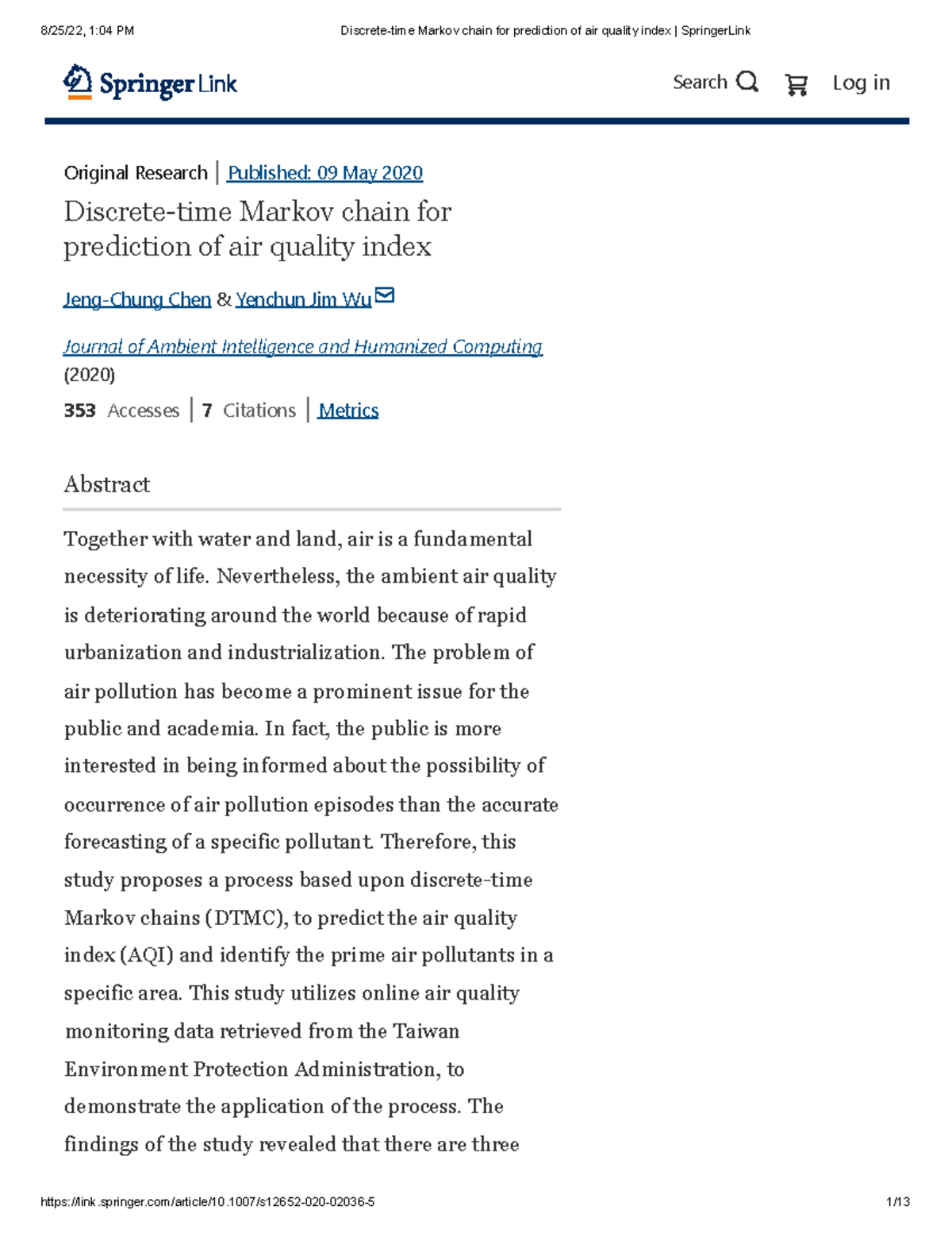 Discrete-time Markov chain for prediction of air quality index Springer ...