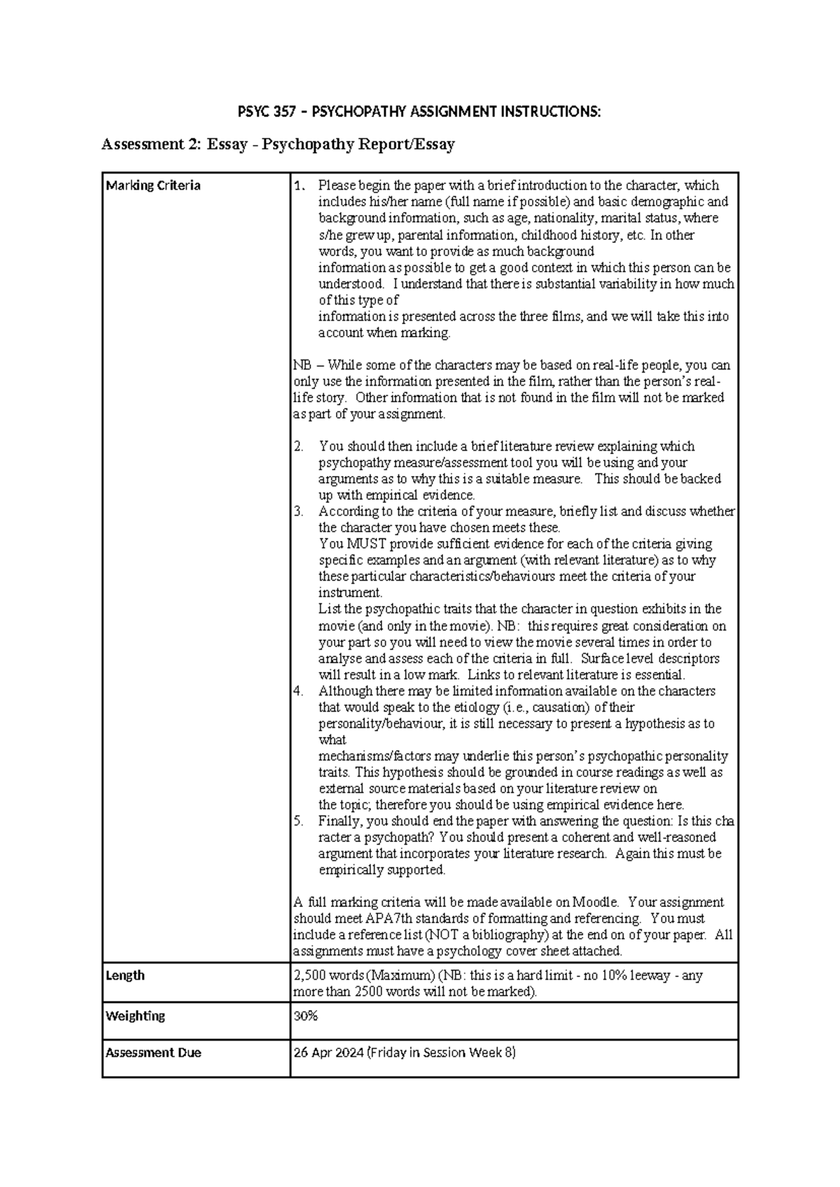 PSYC 357 - Psychopathy assignment instructions 2024 - PSYC 357 ...