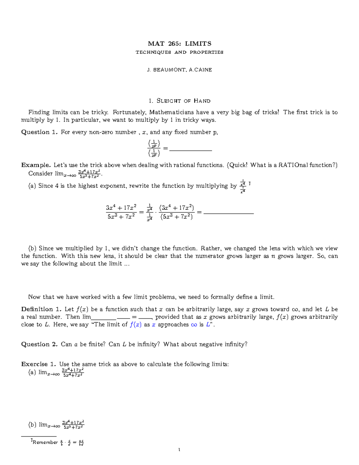 MAT265 Limits Wk1D2 2 MAT 265 LIMITS TECHNIQUES AND PROPERTIES J. BEAUMONT, A Sleight of Hand
