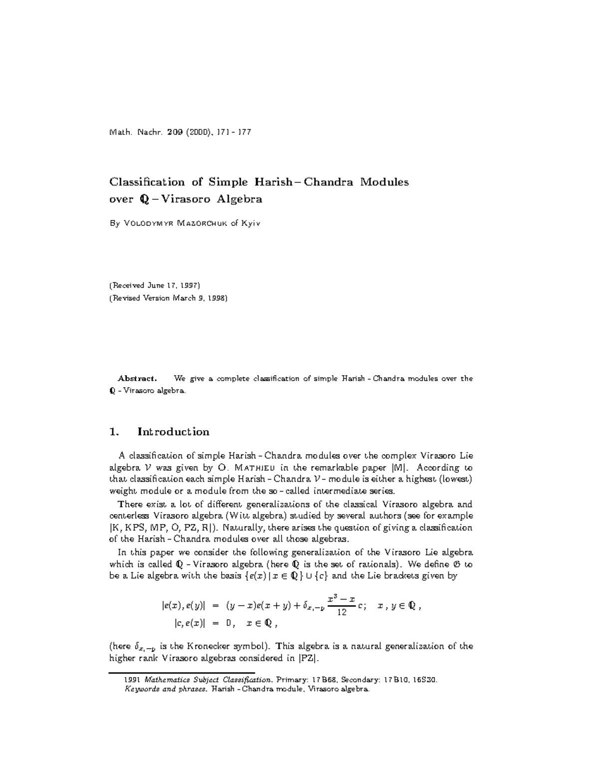 Mazorchuk 2000 Classification of Simple Harish – Chandra Modules - Math ...