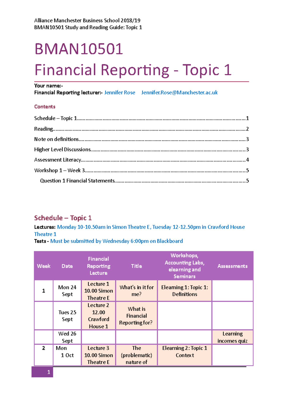 BMAN10501 Financial Reporting Study And Reading Guide Topic 1 Final ...