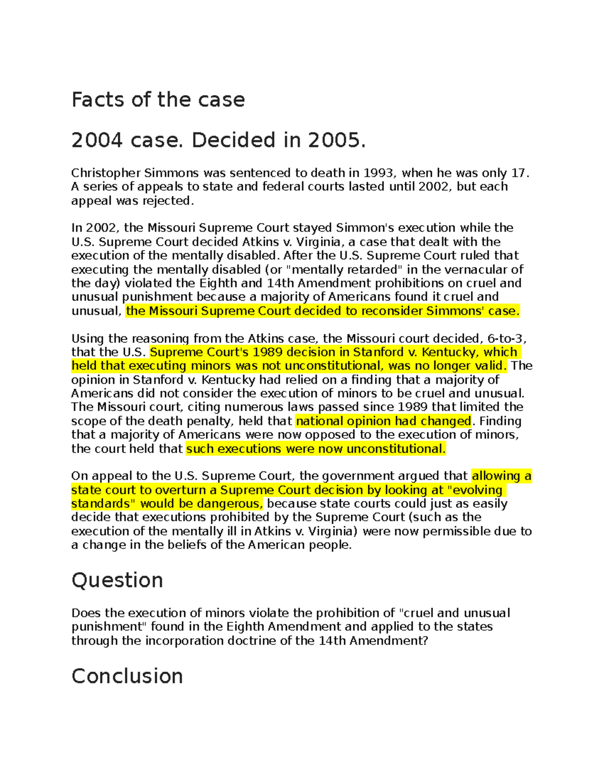 Roper v. Simmons Lecture Notes on a Few Cases Facts of the case