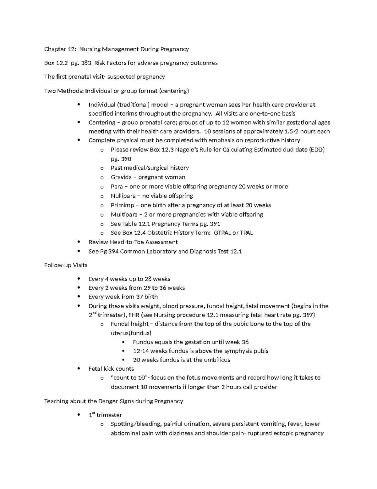 Chapter 12 notes Chapter 12 Nursing Management During Pregnancy Box