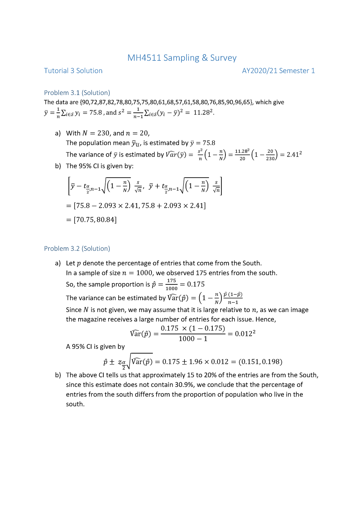 Tutorial 03 Solution - Tut - MH451 1 Sampling & Survey Tutorial 3 ...