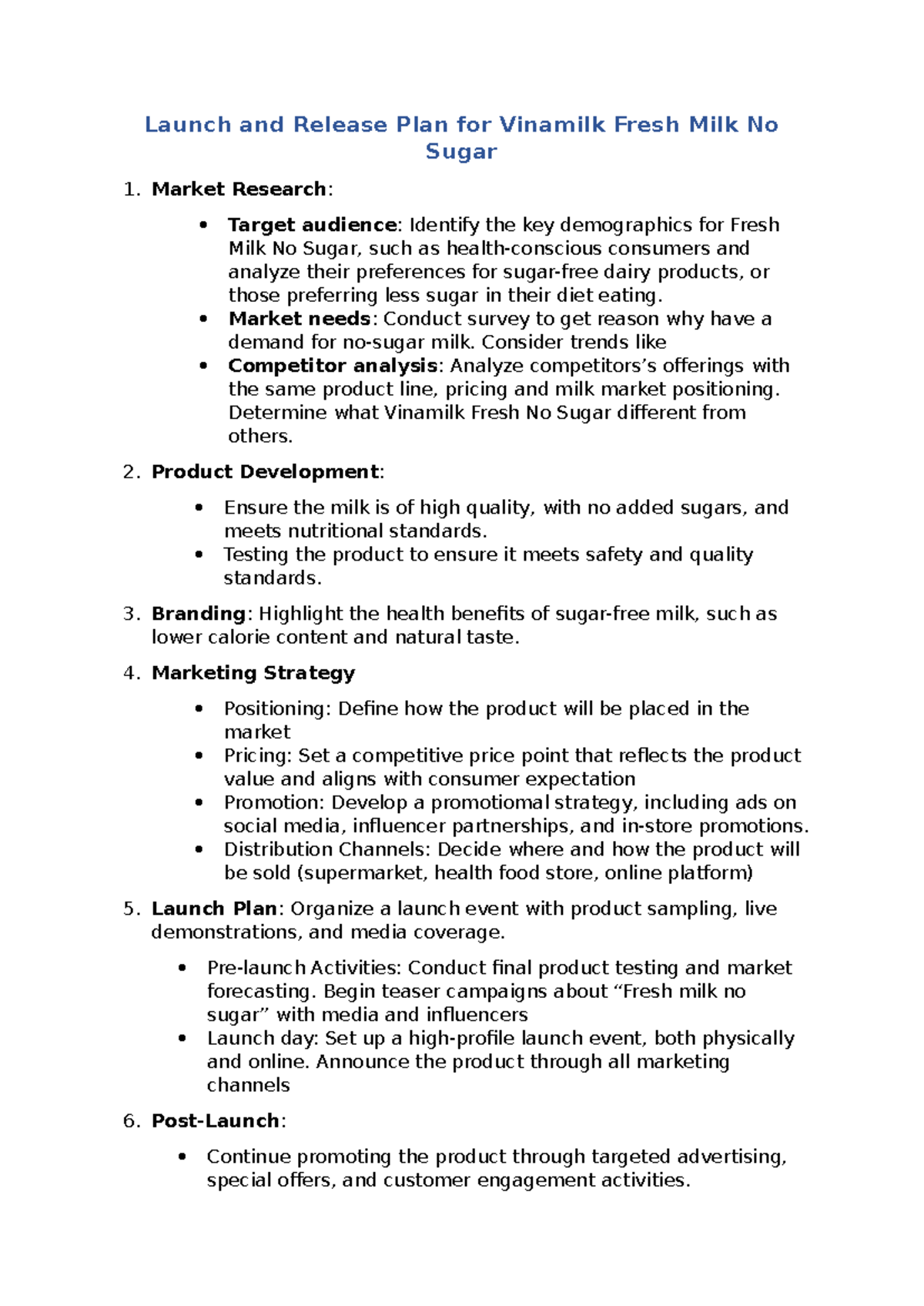 Launch and Release Plan for Vinamilk Fresh Milk No Sugar Launch and