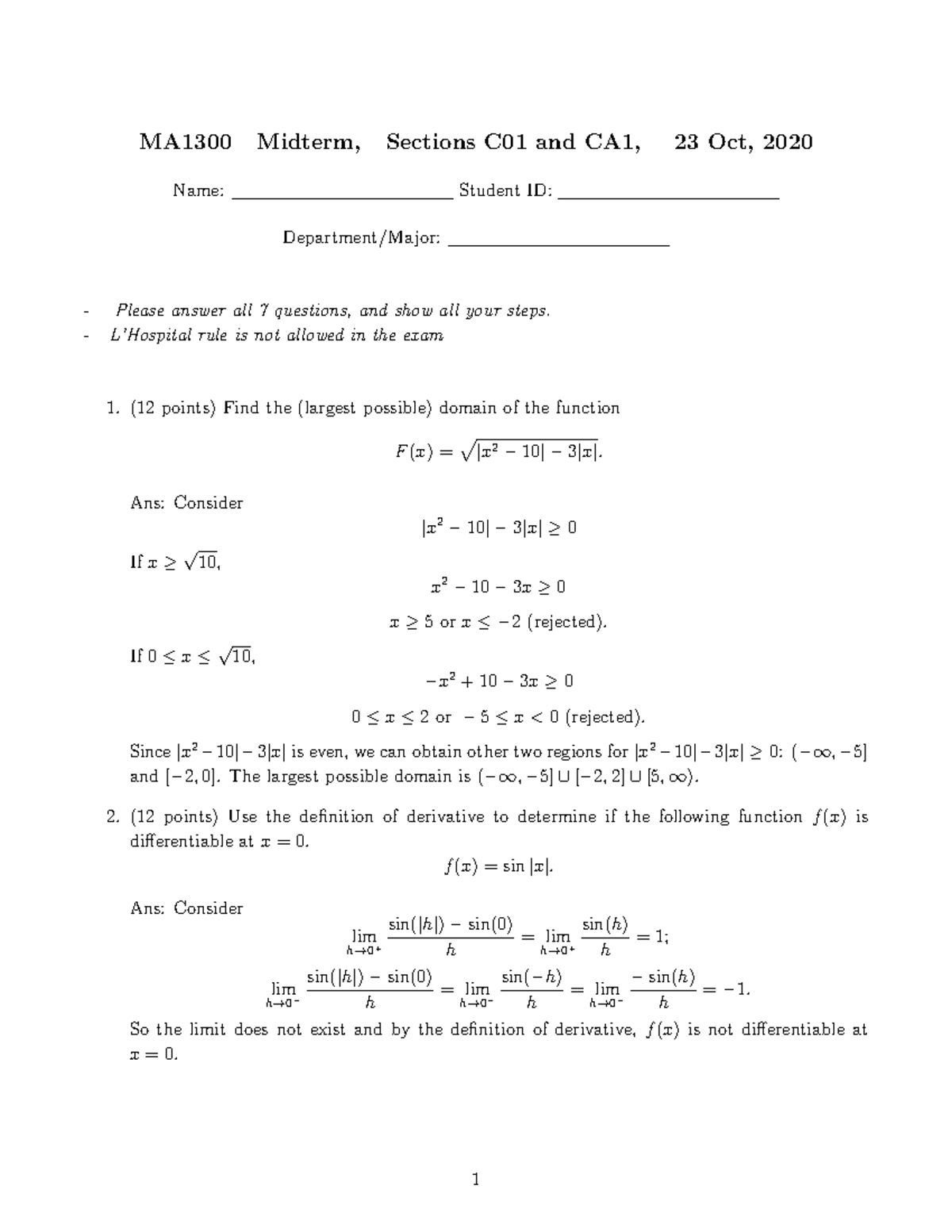 Midterm 2020-C01 CA1 - MA1300 Midterm, Sections C01 and CA1, 23 Oct ...