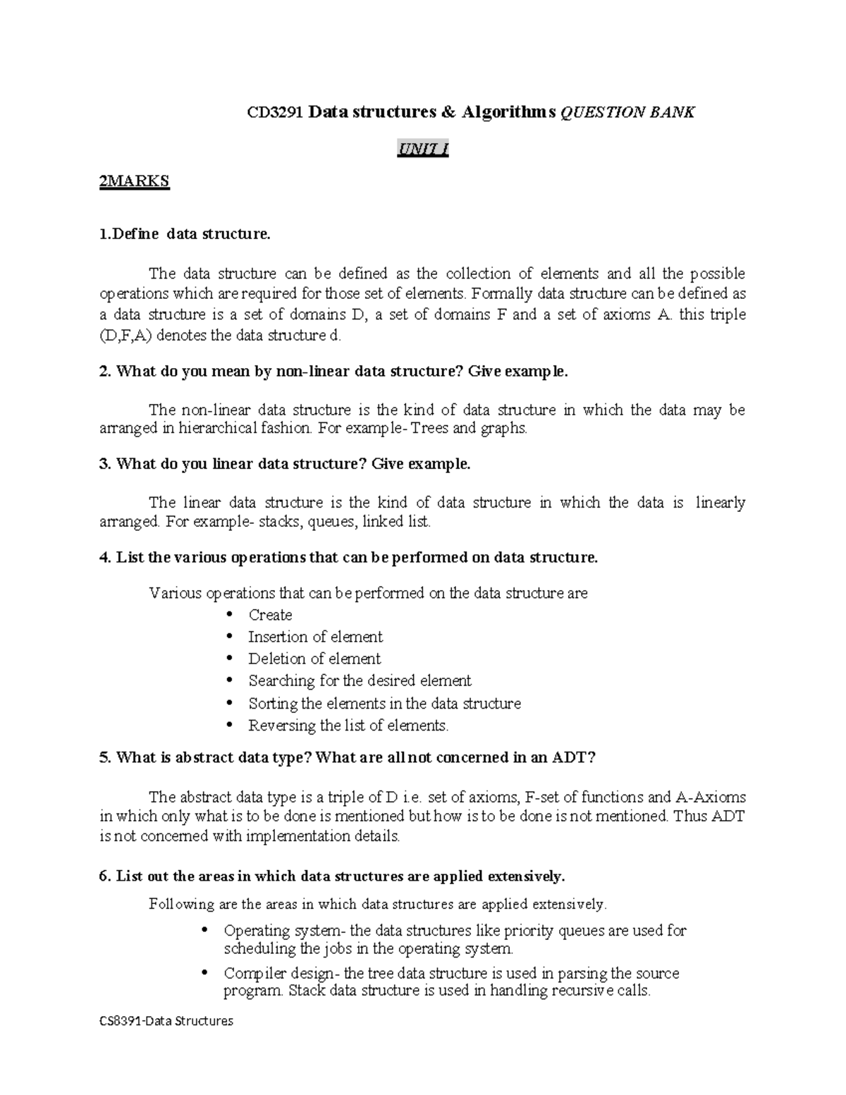 CS8391-DATA Structure - 2MARKS CD3291 Data structures & Algorithms ...