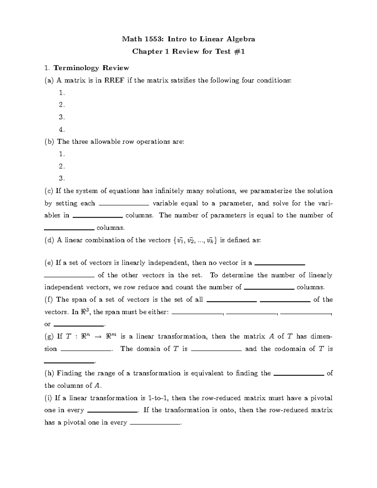 Ma1553 Exam1 Review - Math 1553: Intro To Linear Algebra Chapter 1 ...