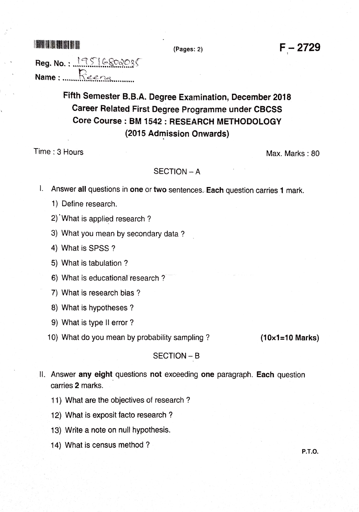 phd question paper on research methodology