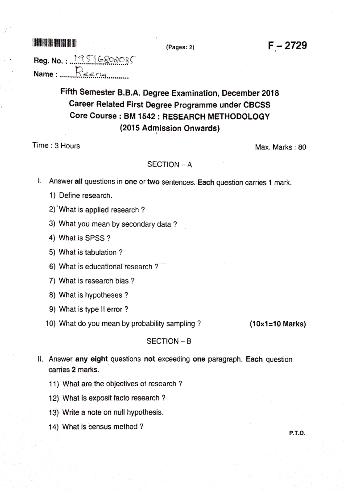 previous year question papers of research methodology