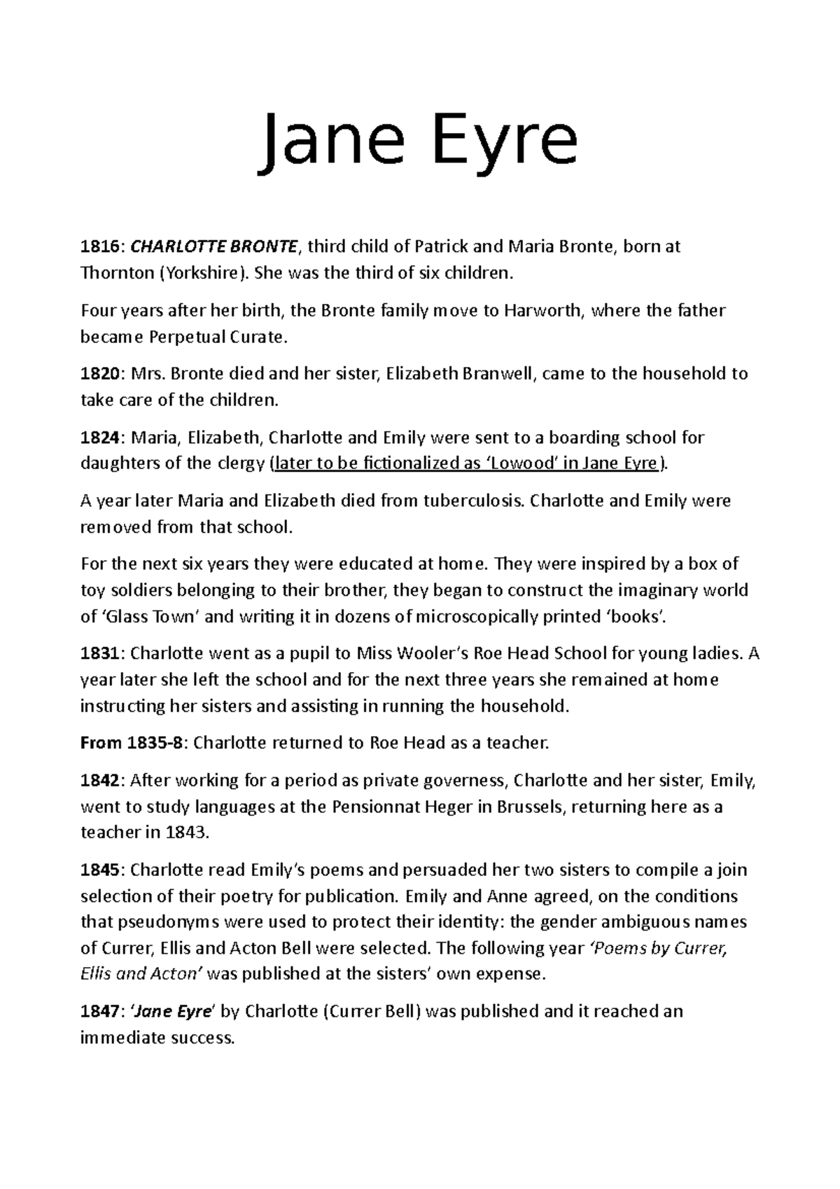 JANE EYRE Analysis Jane Eyre 1816 CHARLOTTE BRONTE, third child of