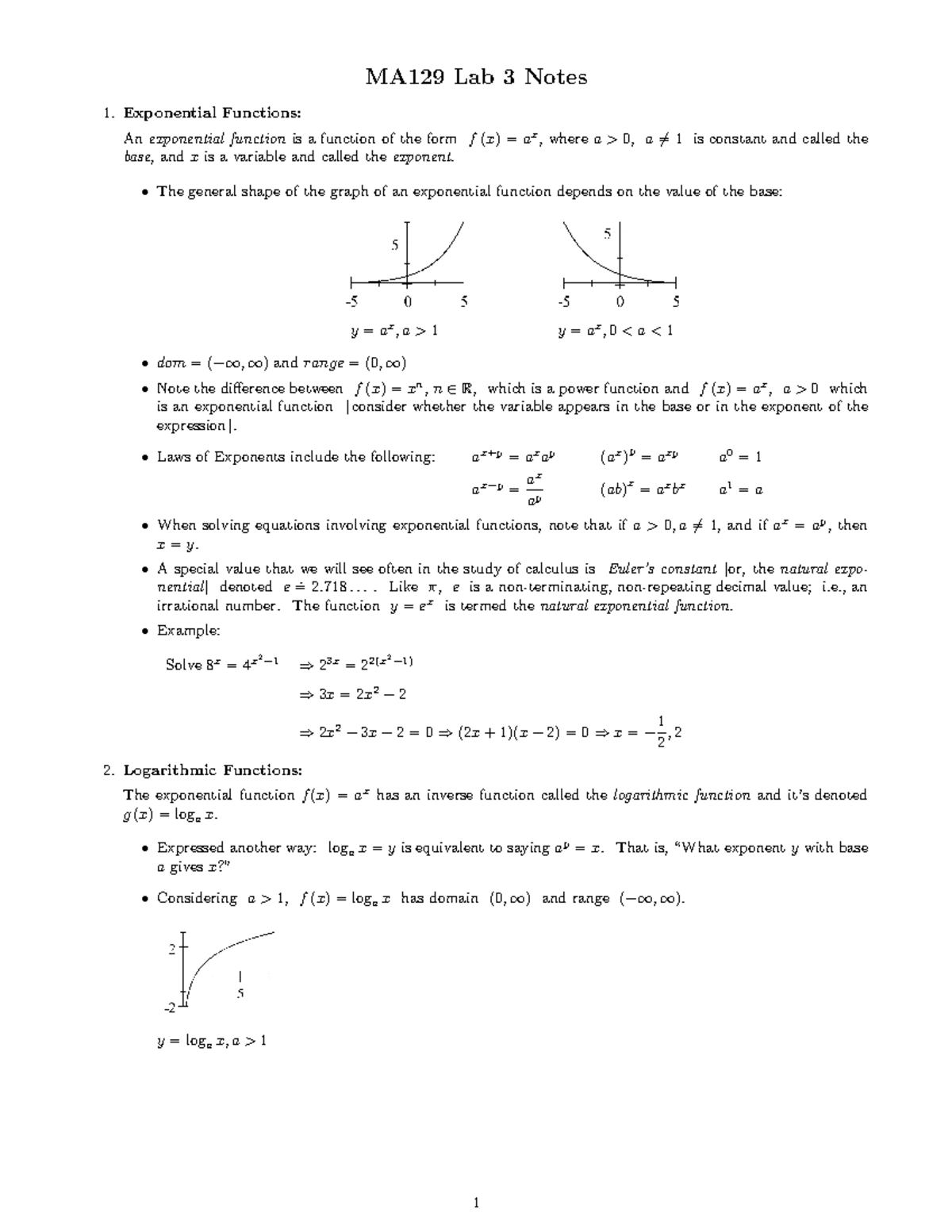 Lab3Prep - MA129 Lab 3 Notes Exponential Functions: An exponential ...