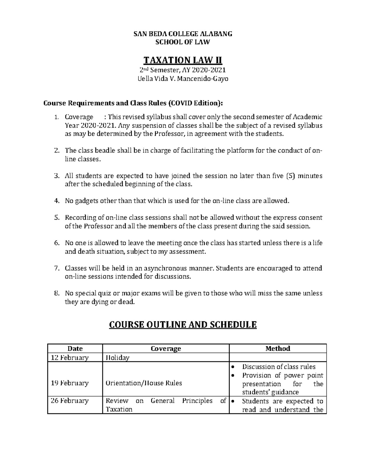 Sbca taxation law 2 syllabus feb2021 - SAN BEDA COLLEGE ALABANG SCHOOL ...