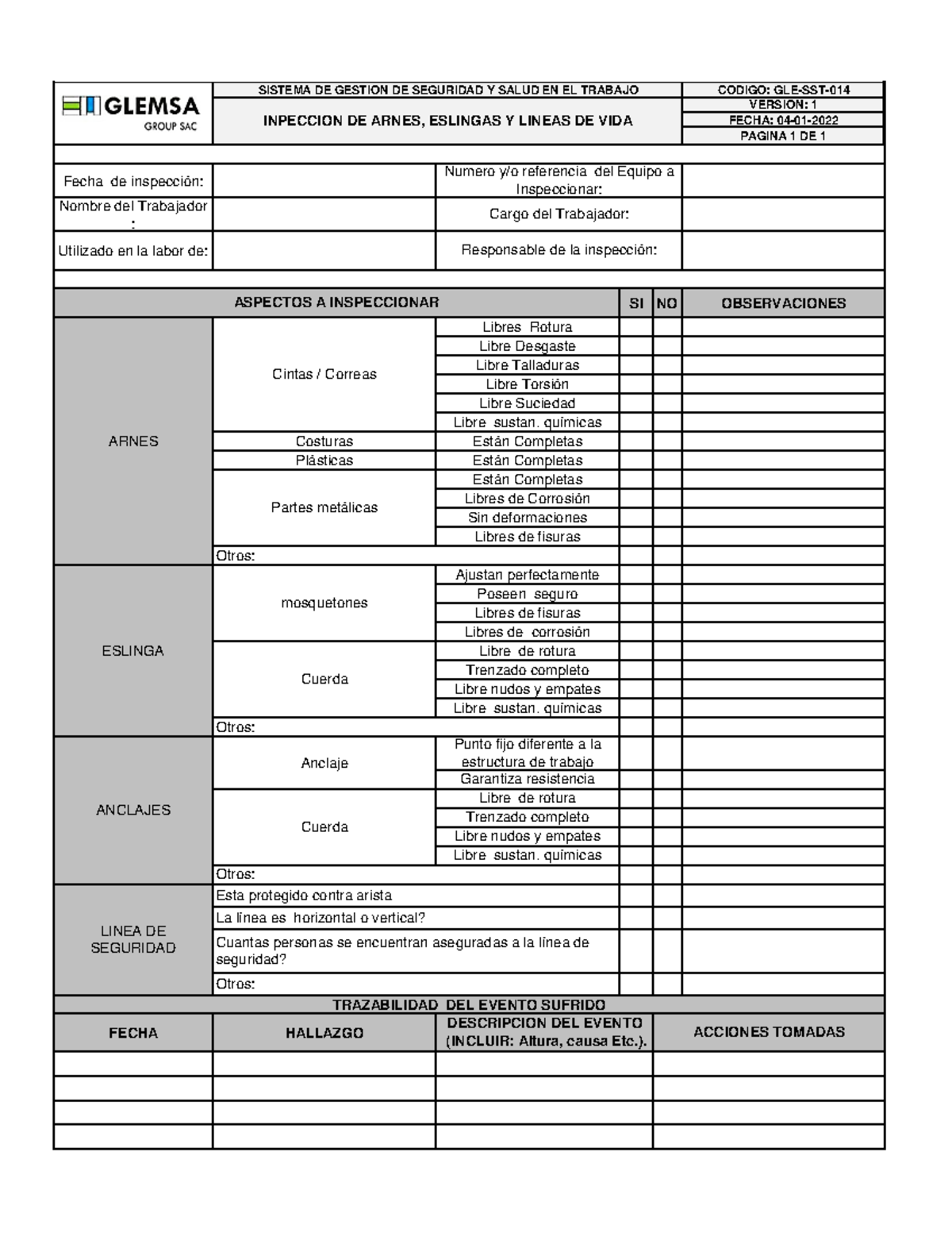 Check List - Inspección De Equipo Contra Caida - CODIGO: GLE-SST ...