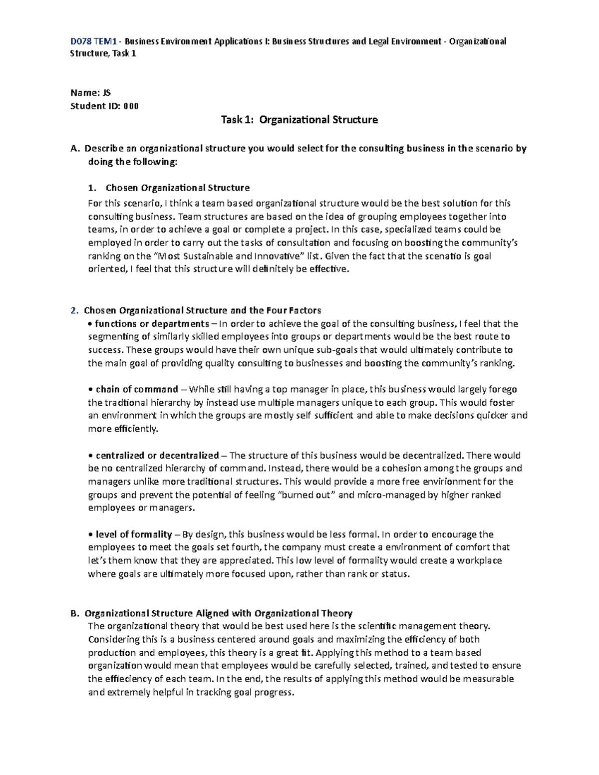 D078 Task 1 Assignment Passed D078 TEM1 Business Environment