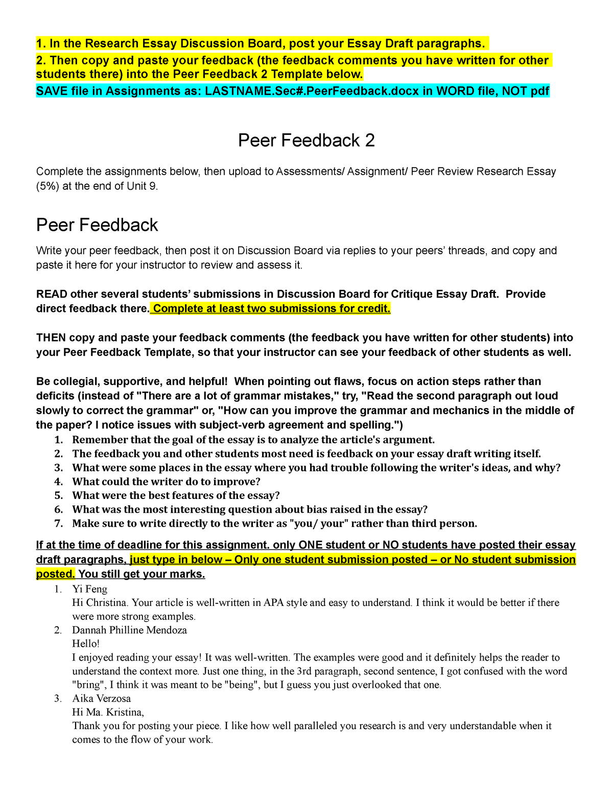 Peer Feedback Template 2 1 In The Research Essay Discussion Board