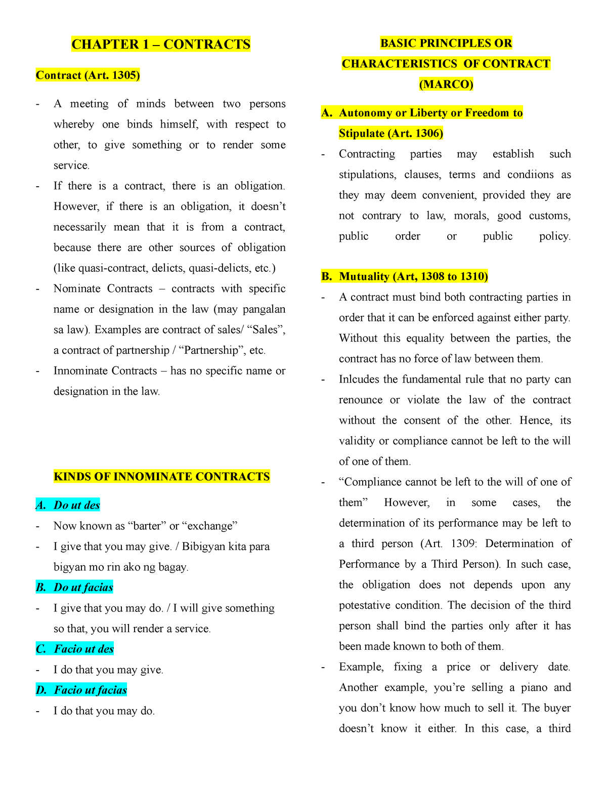 OBLI Finals Reviewer - Obligation And Contracts (Oblicon) Lecture Notes ...