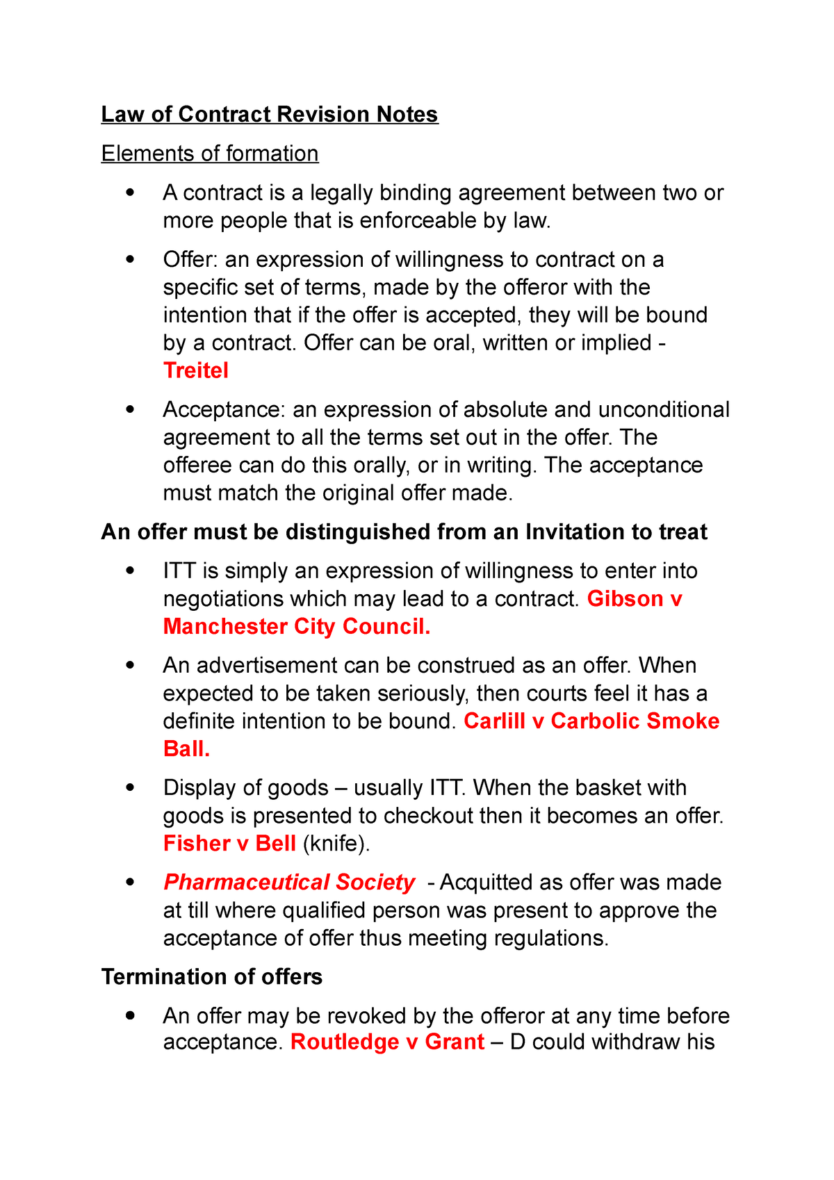 Contract Law Notes - Law Of Contract Revision Notes Elements Of ...