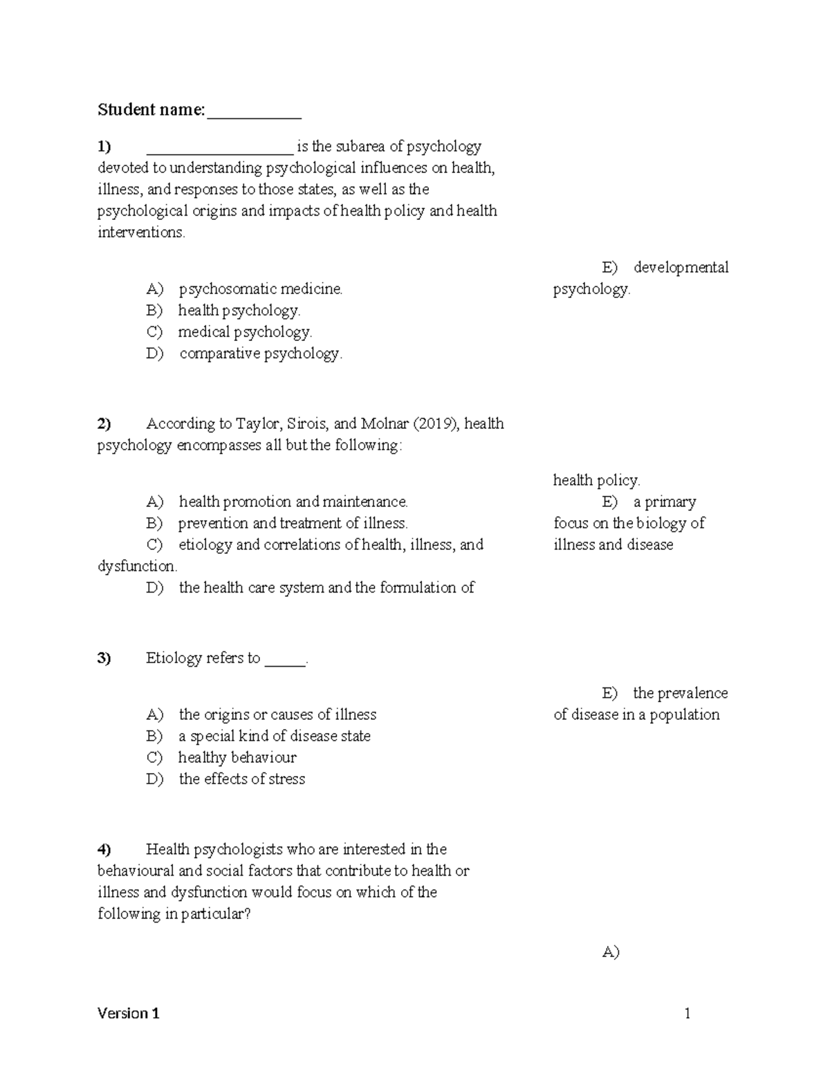 Chapter 01 Test Bank Version 1 - Student Name ...