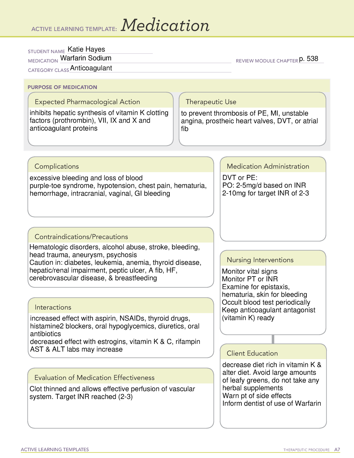Warfarin Med Card homework ACTIVE LEARNING TEMPLATES THERAPEUTIC
