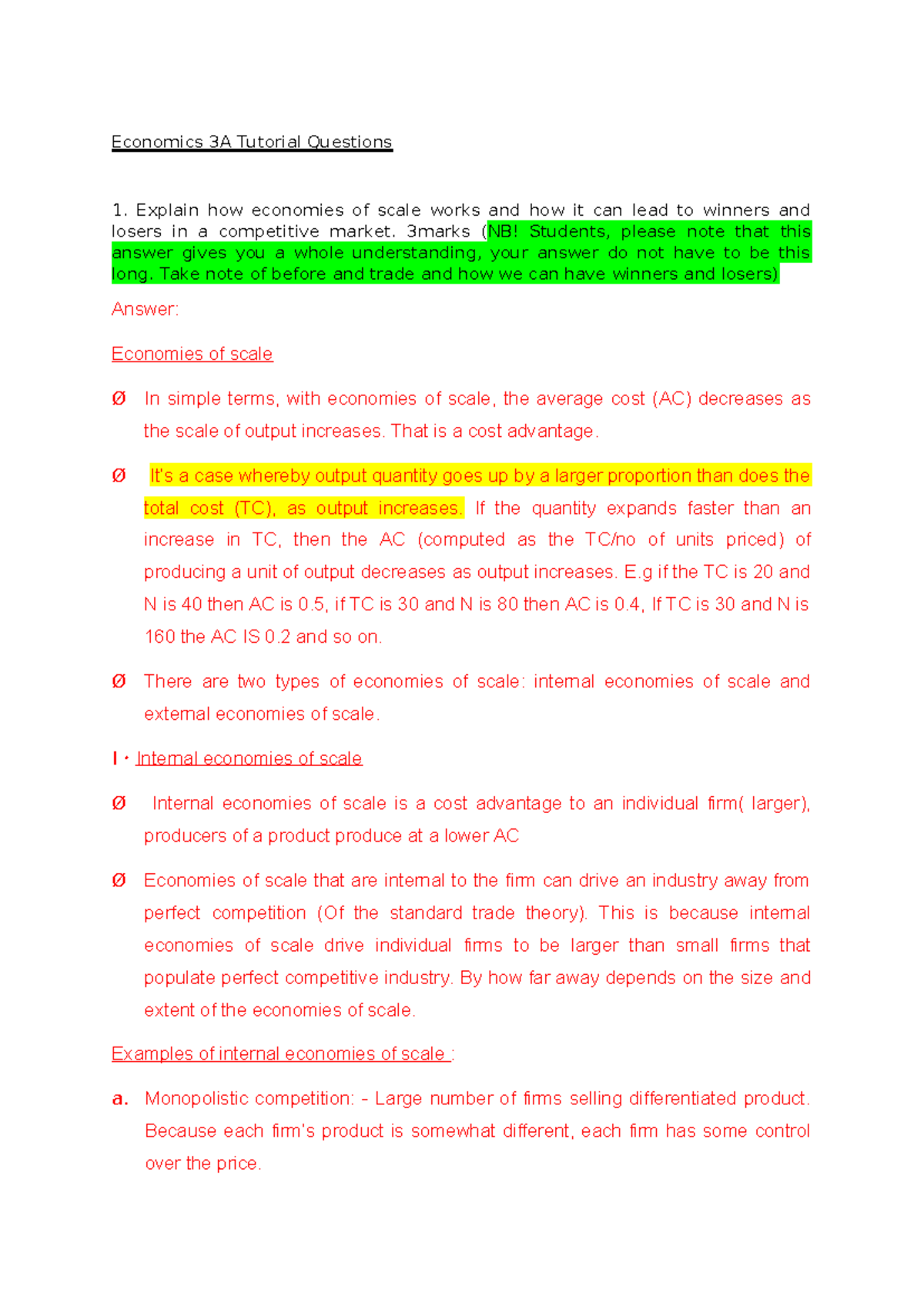 Chapter 8.Part 1 tutorial Memo - Economics 3A Tutorial Questions 1 ...