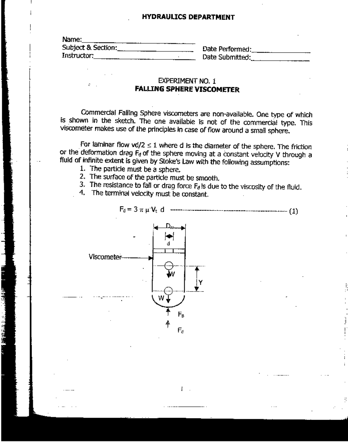 E01 Falling Sphere l . HYDRAULICS DEPARTMENT Name