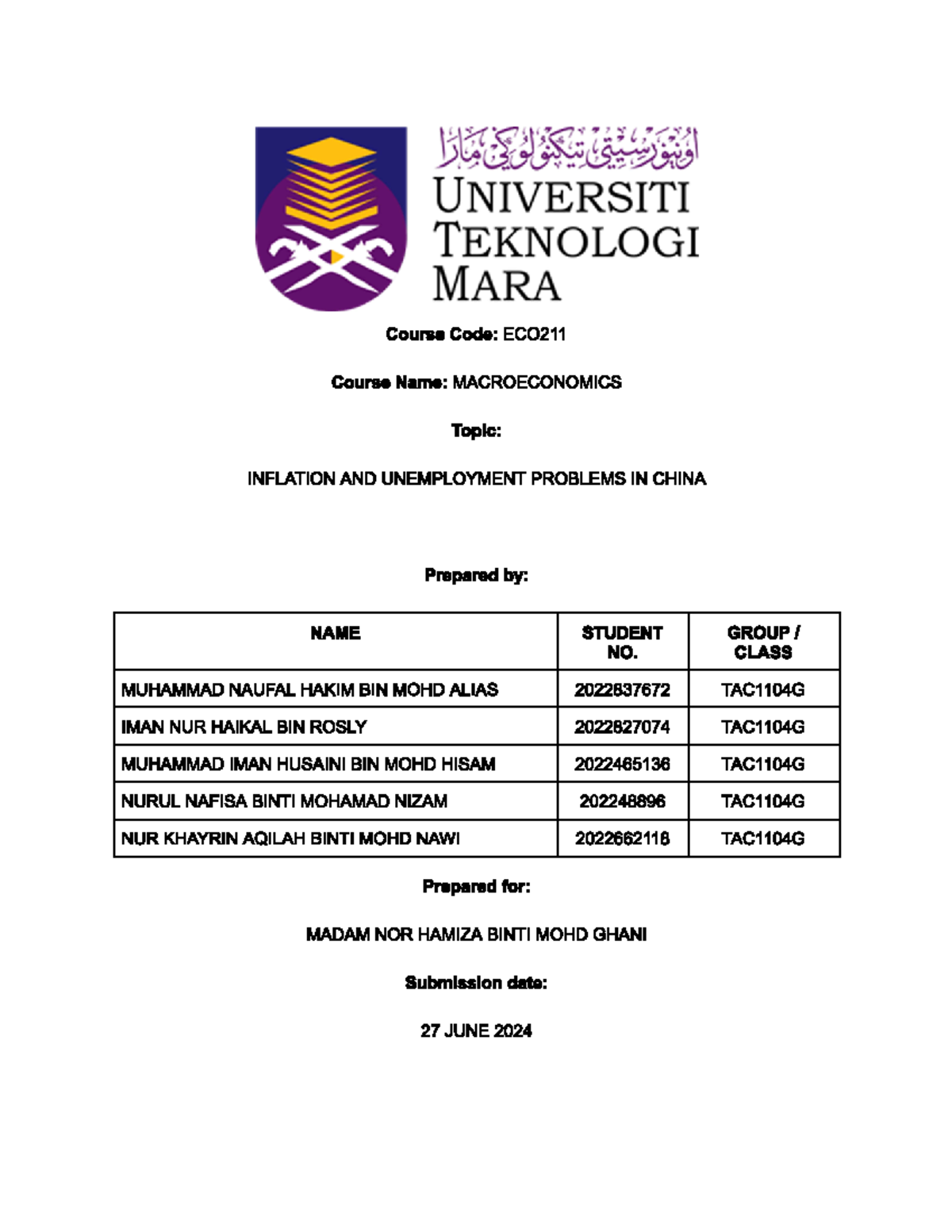 ECO Assignment - UNIVERSITI TEKNOLOGI MARA Course Code: ECO211 Course ...