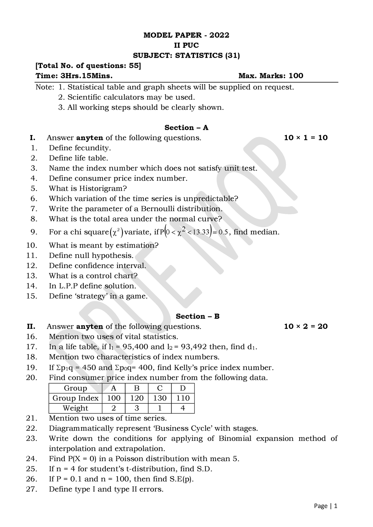 Statistics Model Question Paper 220512 023747 - MODEL PAPER - 2022 II ...