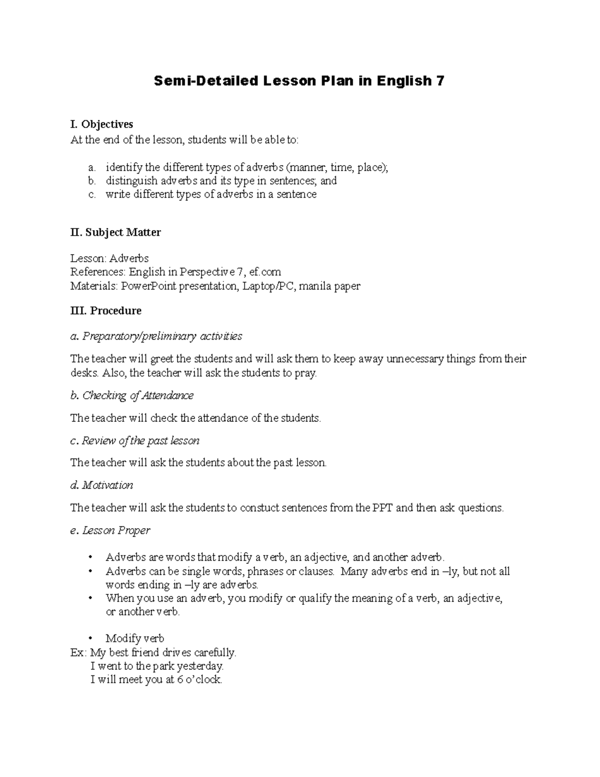 Adverbs Lesson Plan For Grade 7 Semi Detailed Lesson Plan In