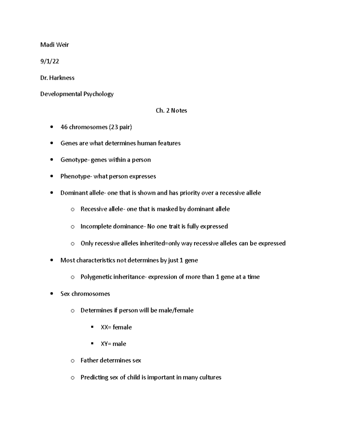 Chapter 2 notes - Madi Weir 9/1/ Dr. Harkness Developmental Psychology ...