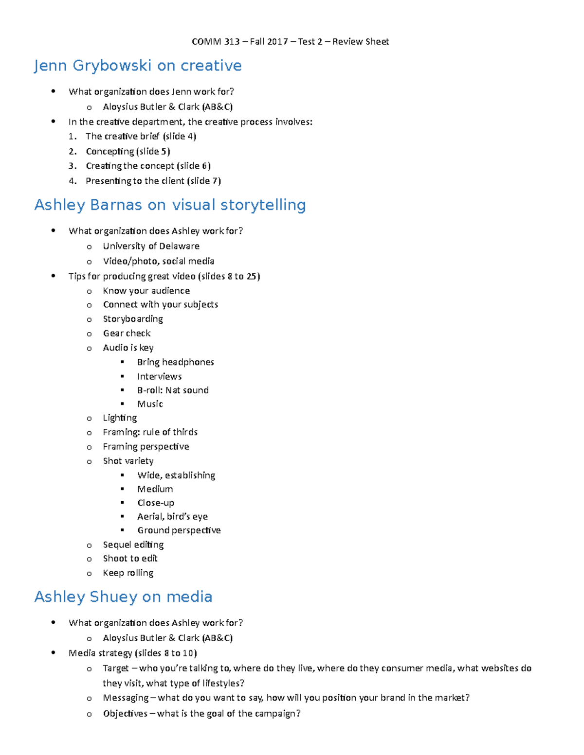 Comm exam 2 study guide - COMM 313 – Fall 2017 – Test 2 – Review Sheet ...