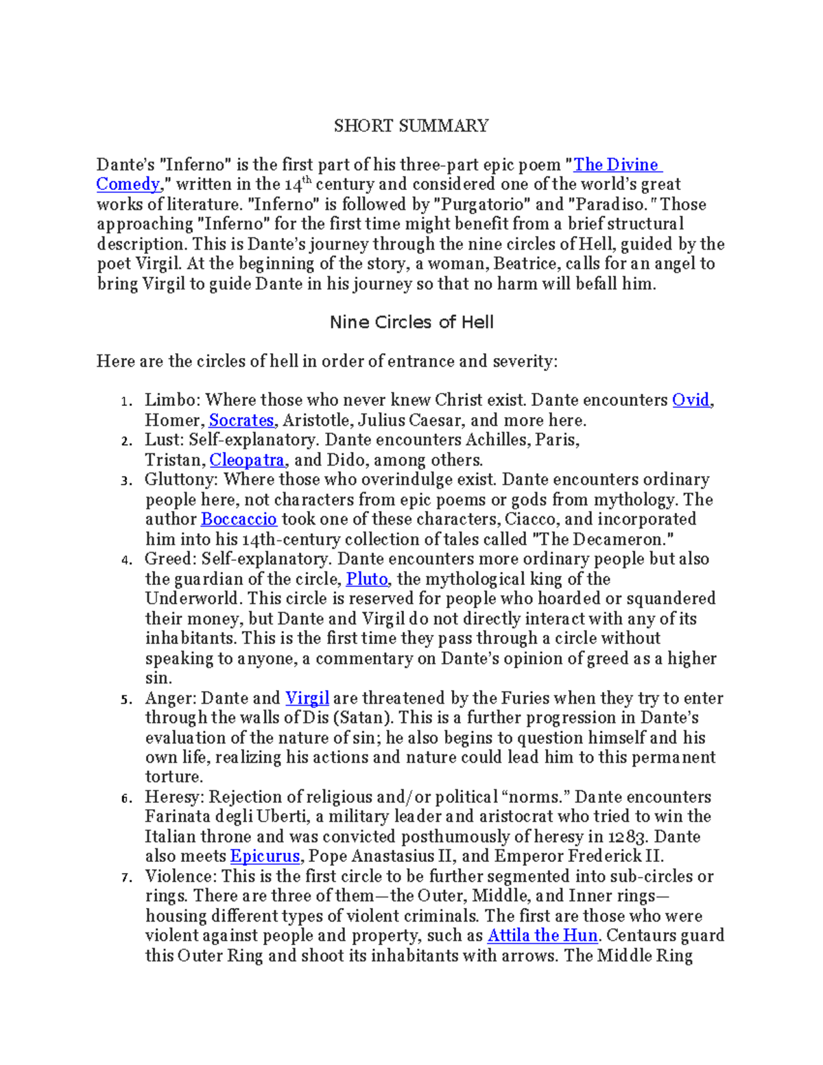 Dante's Inferno (Great Books) SHORT SUMMARY Dante’s "Inferno" is the