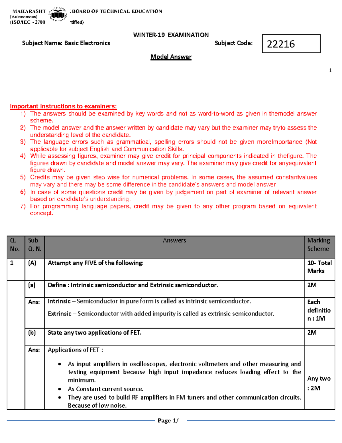 22216-Basic-Electronics-winter-2019-answer-paper - (Autonomous) (ISO ...