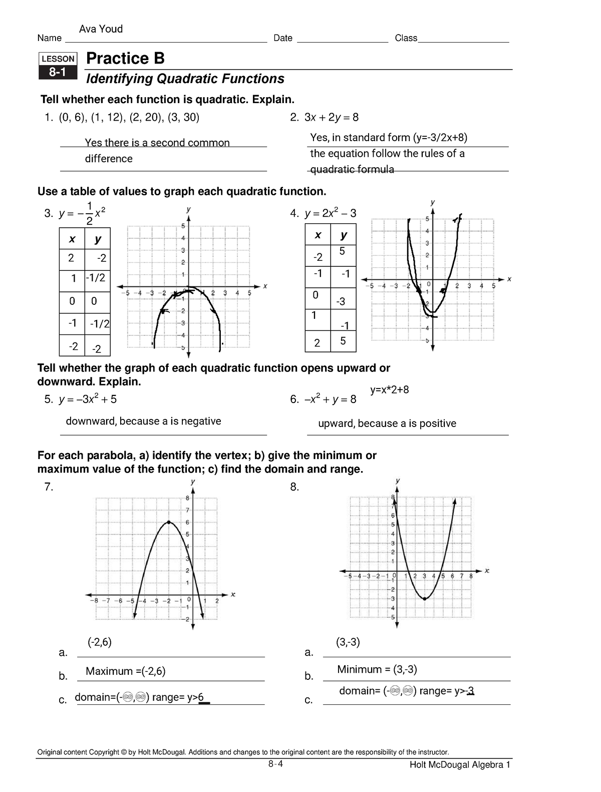 Identifying Quad Functions Practice - Name ...