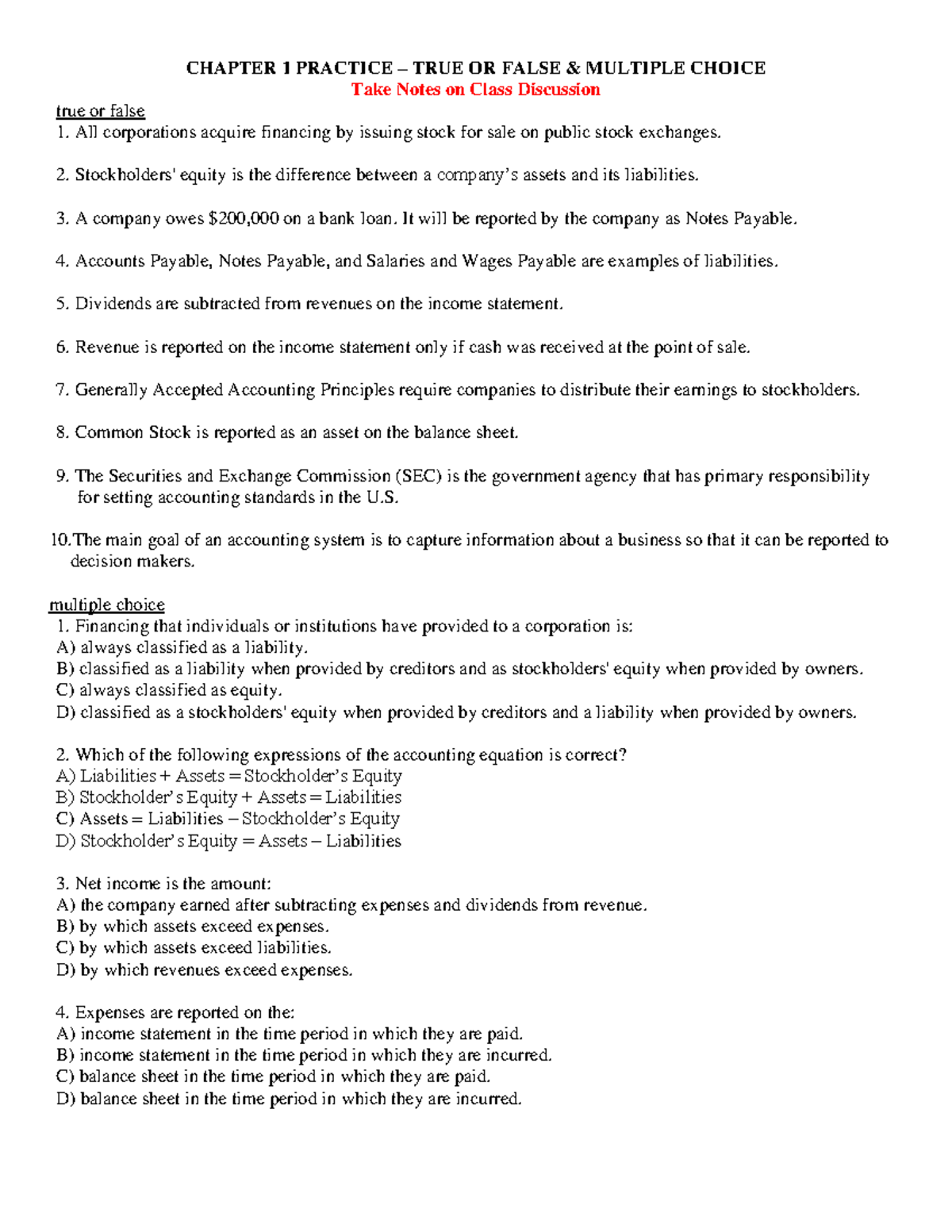 Chp 1 practice - Accounting Test Prep - CHAPTER 1 PRACTICE – TRUE OR ...