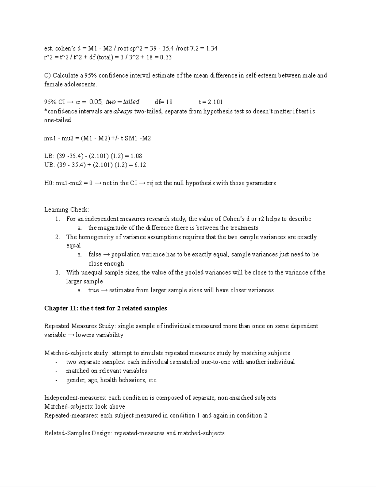 Psych 60 Ch 11-13 Notes - Professor Lowe - est. cohen’s d = M1 - M2 ...
