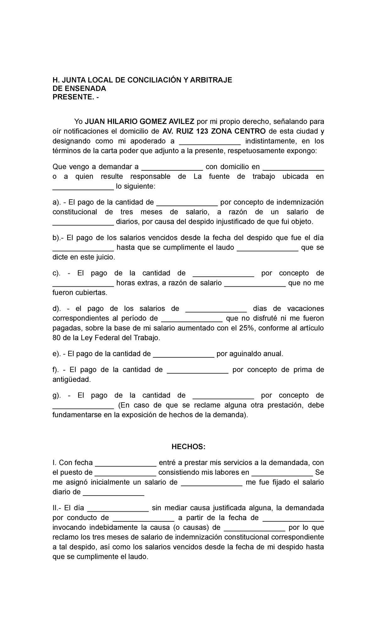 Formato de Demanda Laboral por Despido Injustificado - H. JUNTA LOCAL DE  CONCILIACIÓN Y ARBITRAJE DE - Studocu