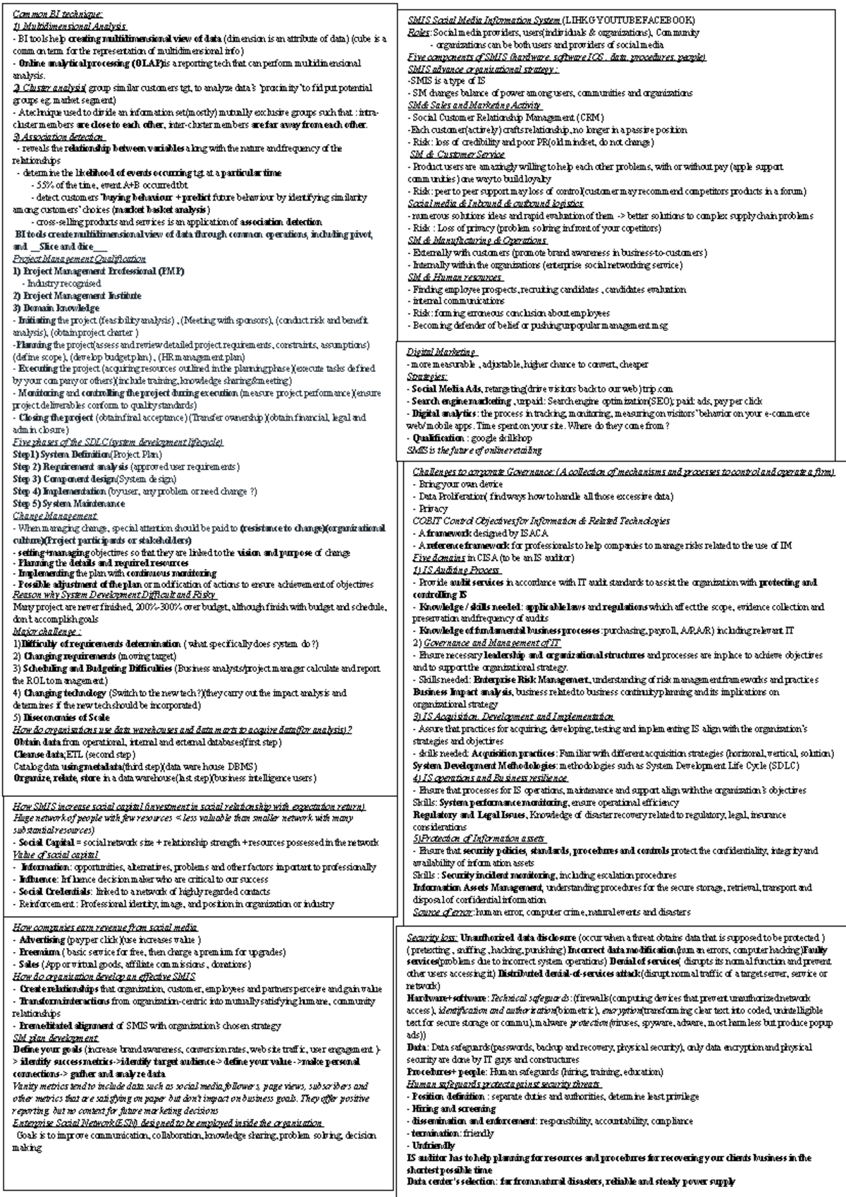 Im cheat sheet - include all content - Common BI technique ...