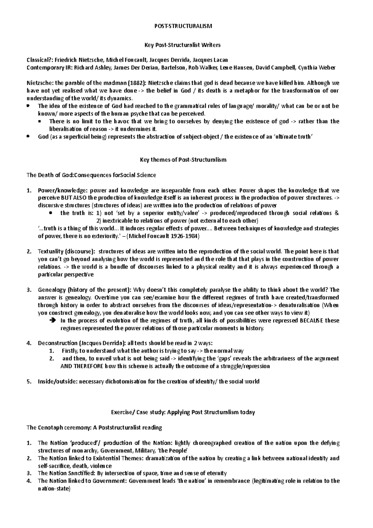 Poststruturalism Theory notes POSTSTRUCTURALISM Key Post