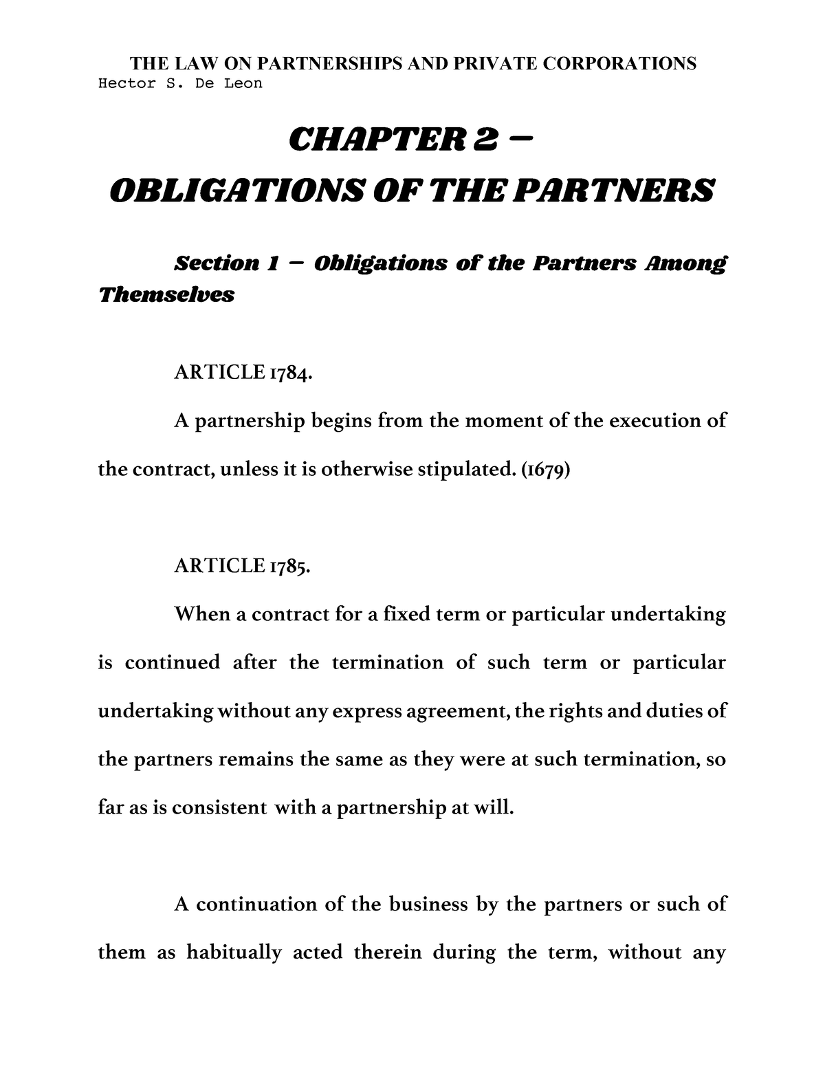 Chapter 2 Of Partnership Section 1 2 And 3 Chapter 2 Obligations Of The Partners Section 1 5133