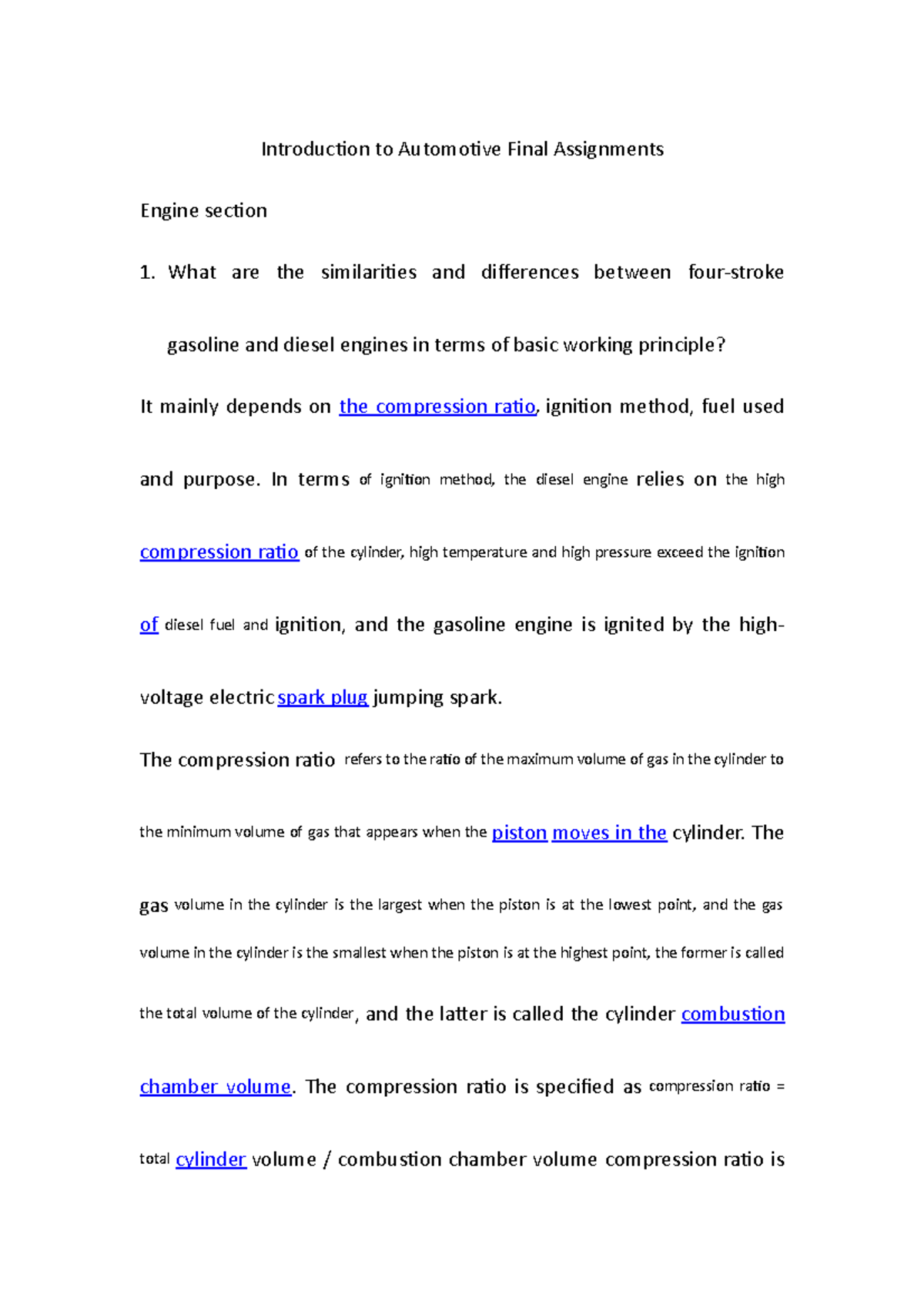 Introduction to Automotive Final Assignments In terms of ignition
