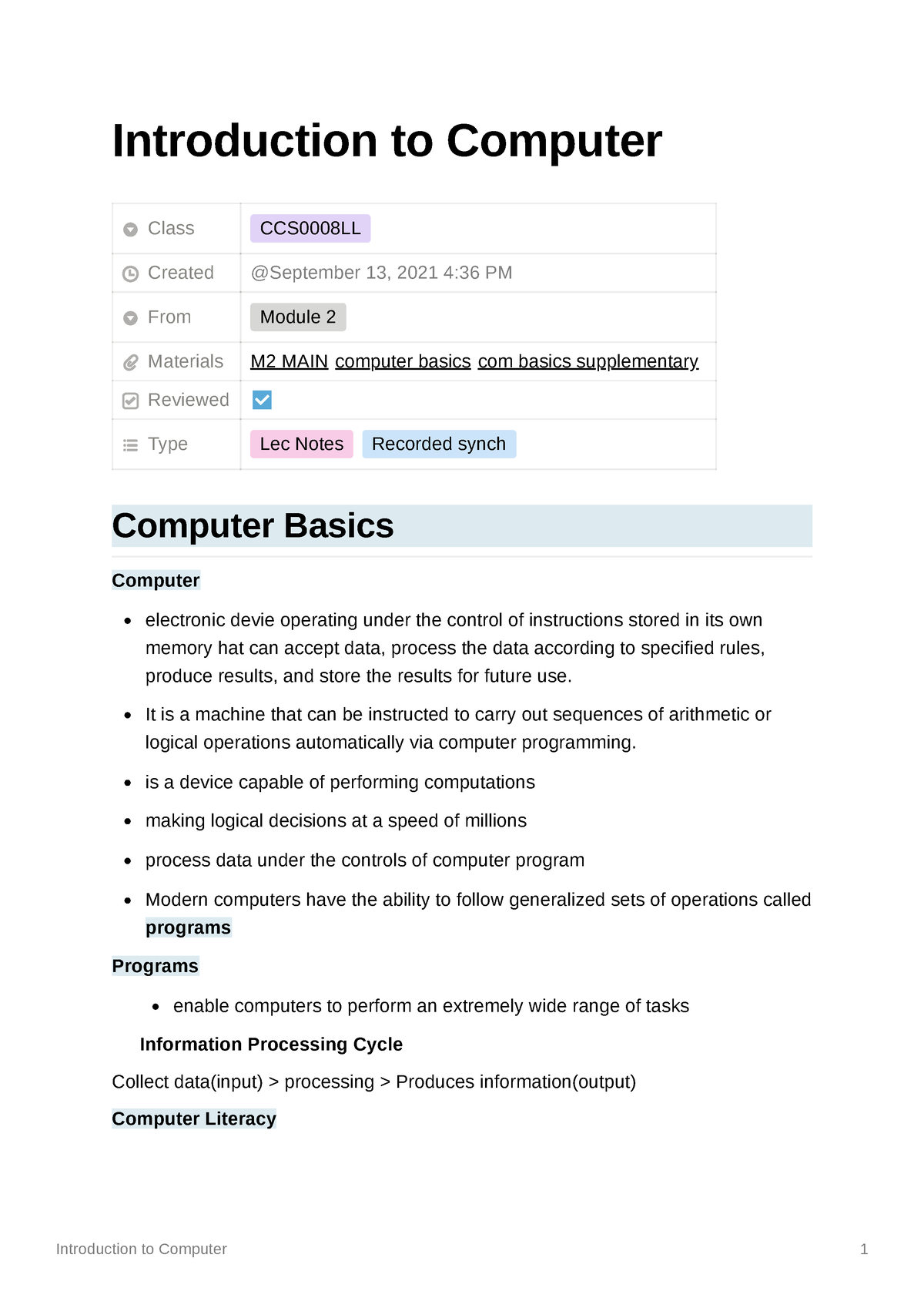 Introduction To Computer - Introduction To Computer Class Ccs0008ll 