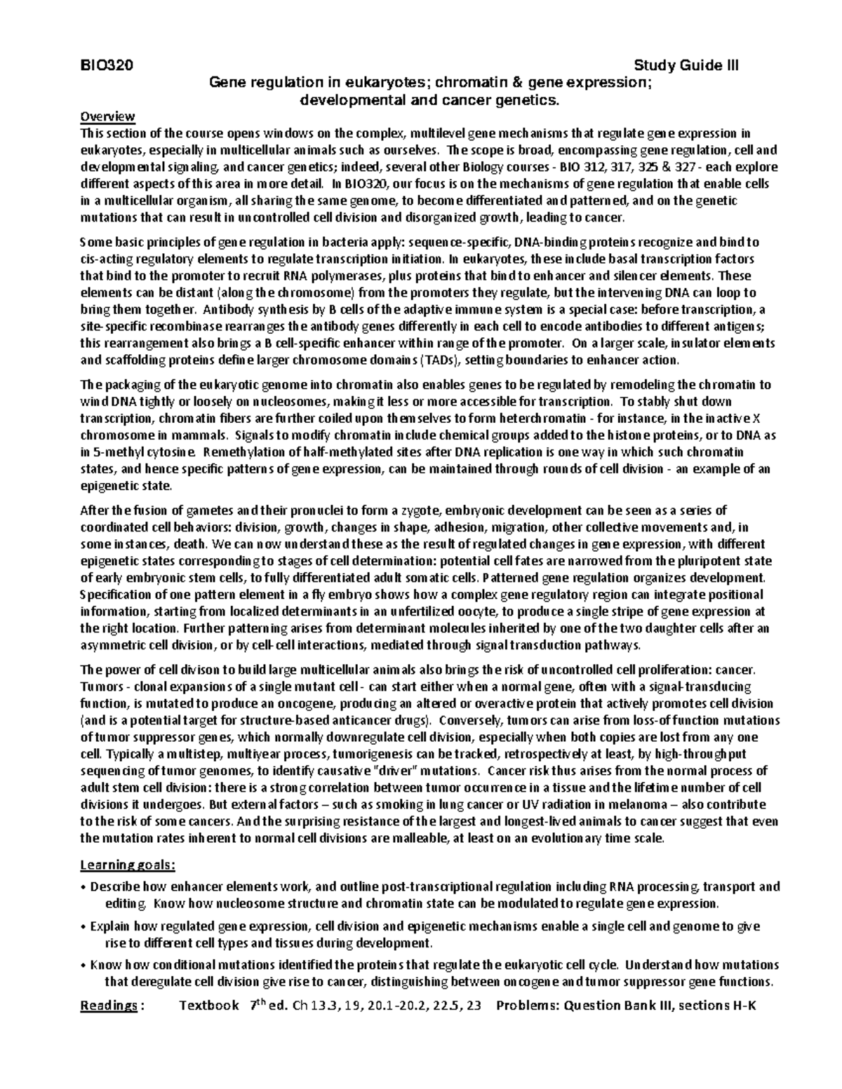 320-23 Study Guide III - BIO320 Study Guide III Gene regulation in ...