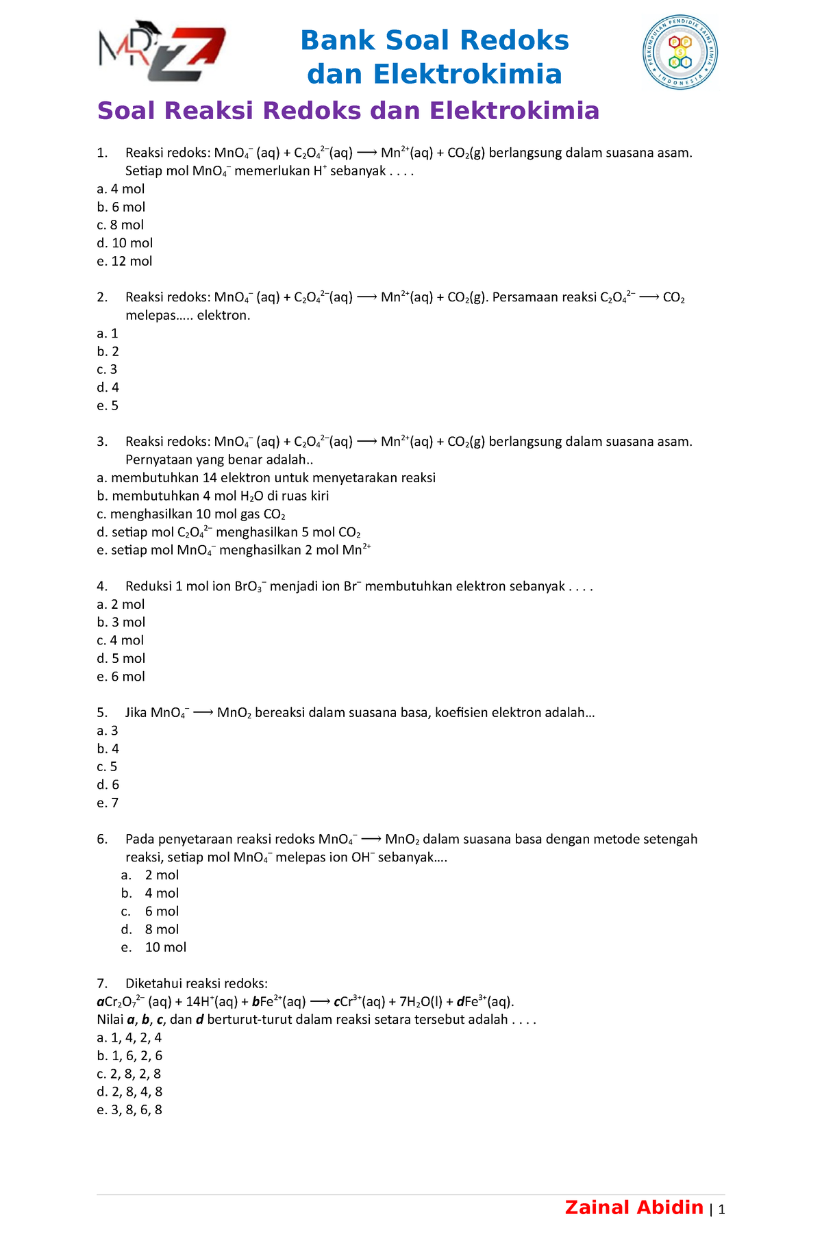 Bank Soal Kelas XII - Reaksi Redoks Dan Elektrokimia - Soal Reaksi ...